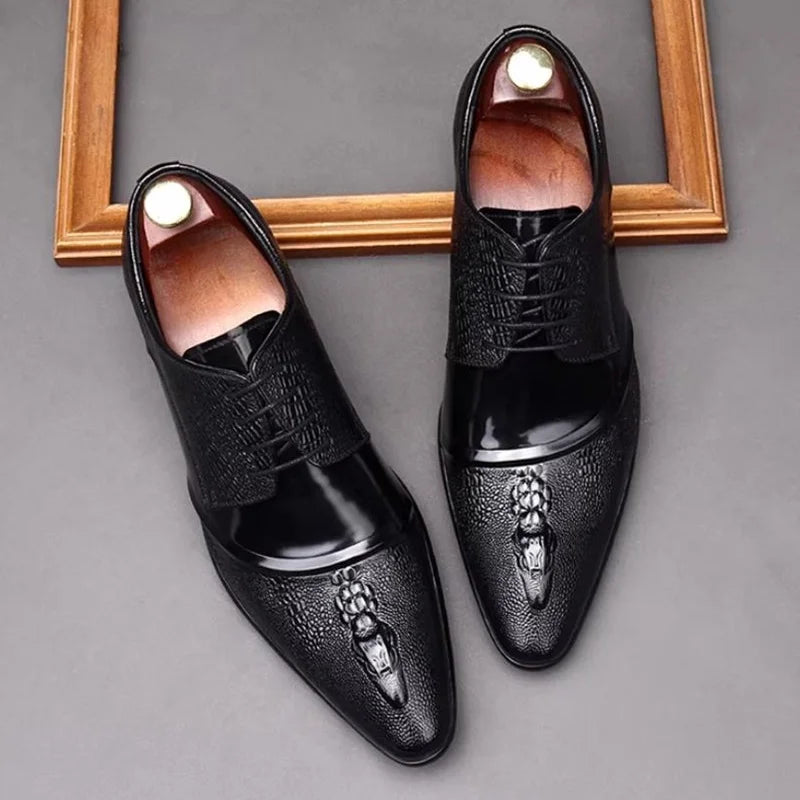 Elegante Herren-Lederschuhe, spitze Zehenpartie, Schnürung, Krokodilmusterprägung, Echtleder, formelle Schuhe, Hochzeitsschuhe, Gesellschaftsschuhe
