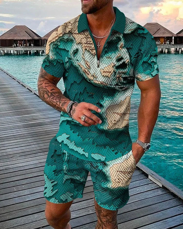 Summer New Trend Men's Tracksuit Casual Zipper Collar 3d Print Polo Shirt Suit 2 Pcs Set Colorful Streetwear Clothing Oversize