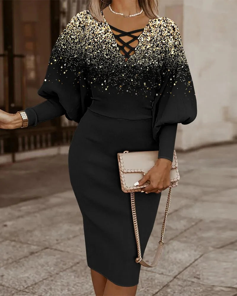 Elegant Long-sleeved V-neck Waist Dress For Women Fashionable Autumn Winter Slim Vintage Printing Hip-covering Dresses Female