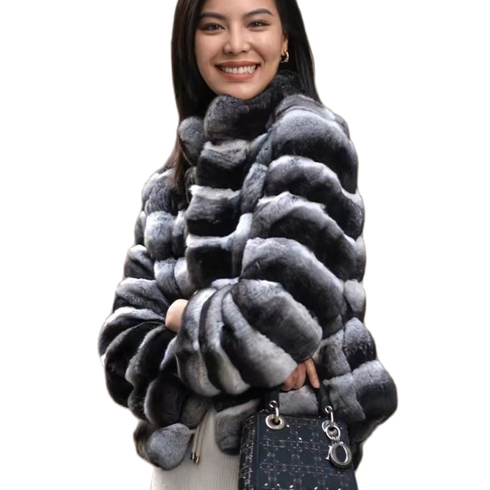 2023 New women's Chinchilla striped jacket Real Rex Rabbit fur fur all-in-one fur coat coat length 60cm package mail winter thic