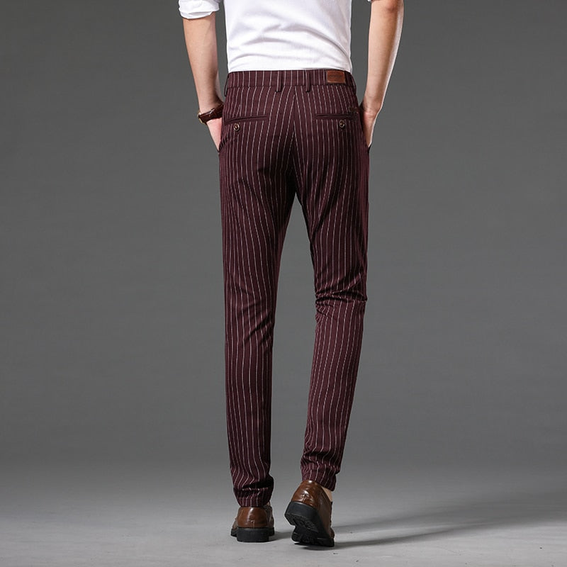 Autumn Stripe Trousers Men Formal Work Business Red Grey Navy Blue Black Slim Fit Iron-free Office Luxury Suit Pants Male 30-38