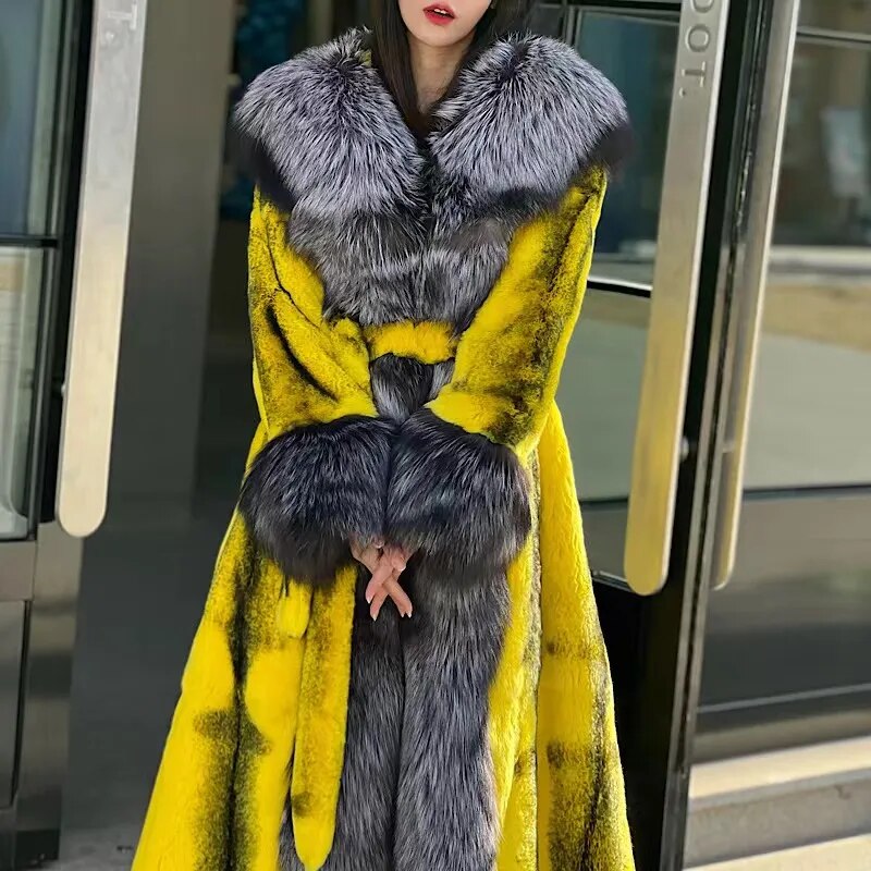 2022Women Real Rex Rabbit Fur Coats With Fox Lapel Collar Natural Whole Skin Genuine Rex Rabbit Fur Long Jackets Overcoat Luxury