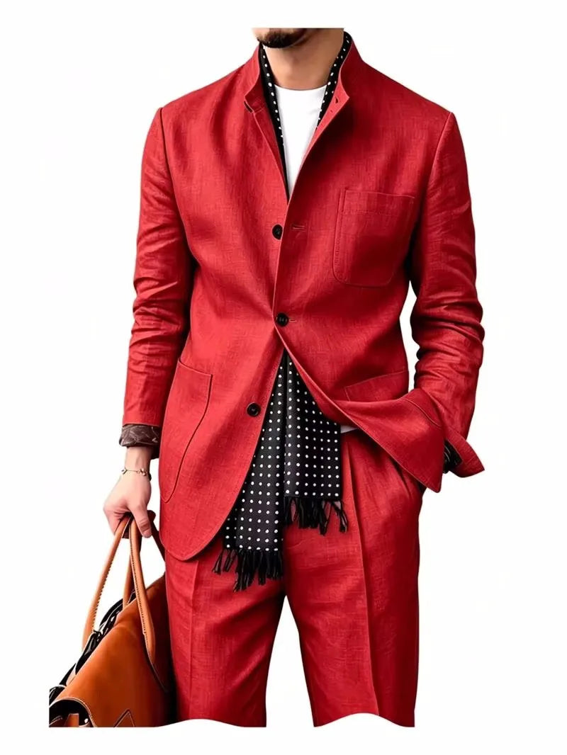 Men's 2 Piece Suit Linen Blend Stand Collar Single Breasted 3 Button Slim Fit Business Casual Vacation Wedding Breathable Outfit