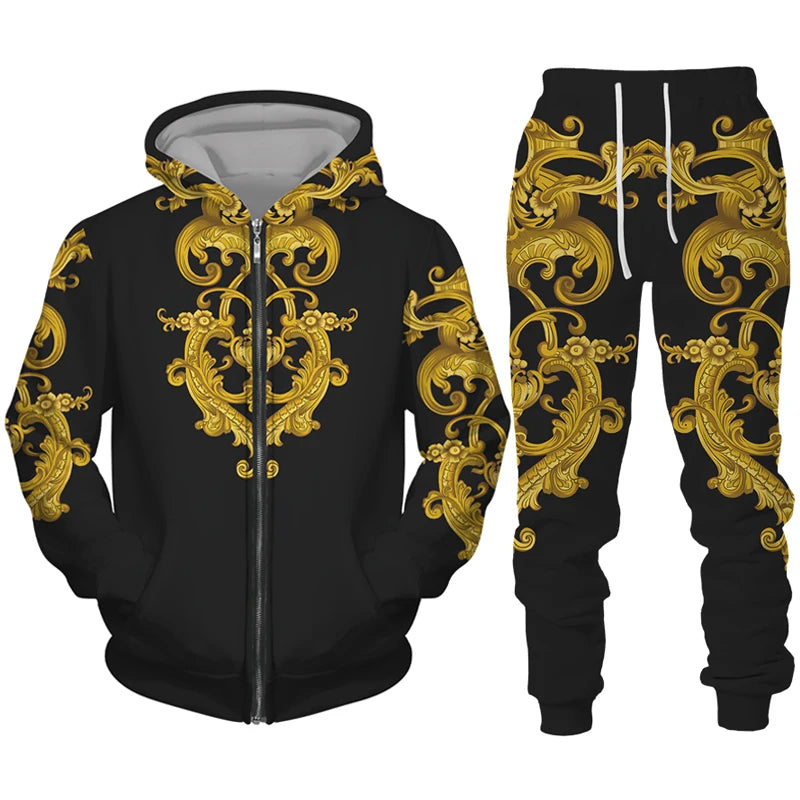 Luxury Golden Pattern 3D Print Men's Zipper Tracksuit Set Casual Hoodie+Pants 2pcs Sets Oversized Sweatshirt Fashion Men Clothes