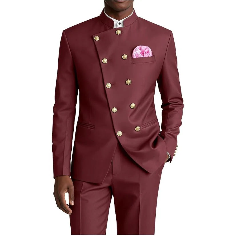 Men's Business Casual Suit 2 Piece Brown Mandarin Collar Double Breasted With Gold Buttons