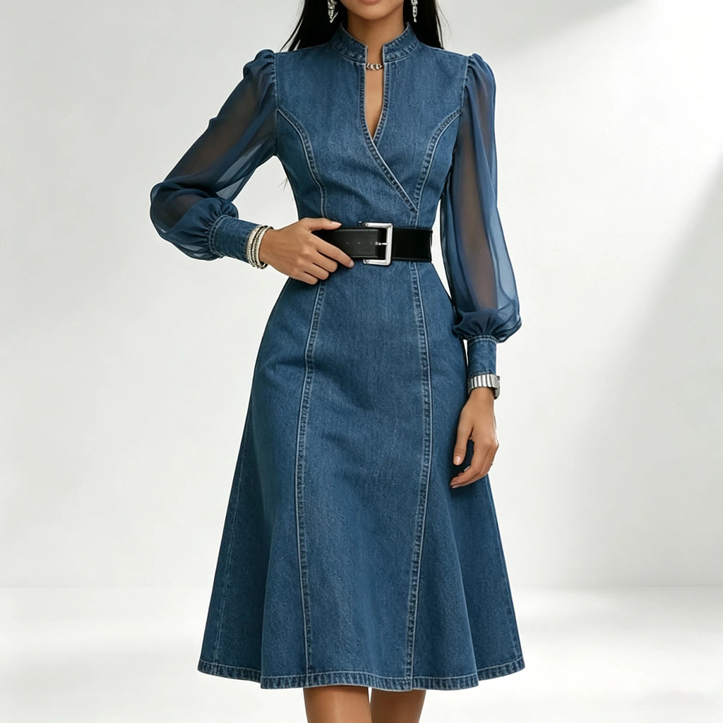Streetwear Denim A-Line Dress Summer Women Tulle Puff Long Sleeve See Through V Neck Maxi Dresses Vintage Jean Dress With Belt