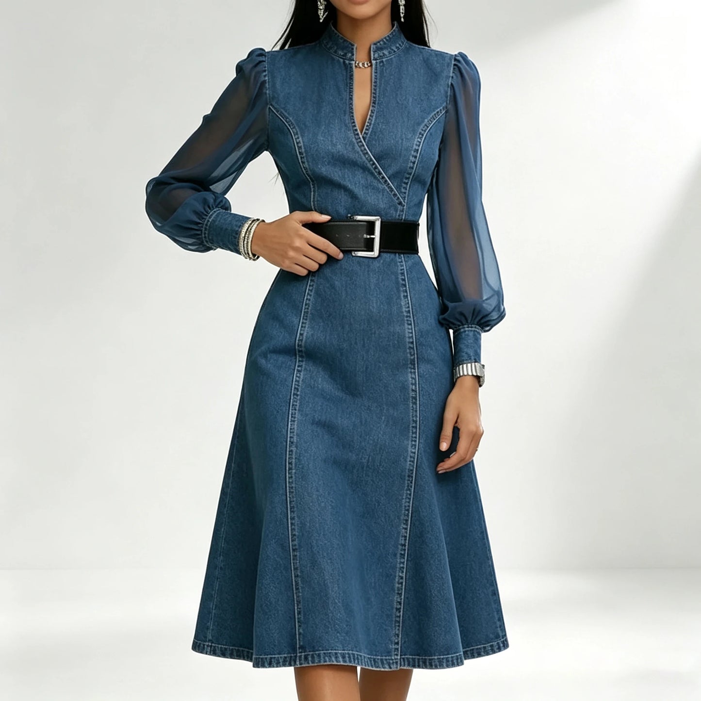 Streetwear Denim A-Line Dress Summer Women Tulle Puff Long Sleeve See Through V Neck Maxi Dresses Vintage Jean Dress With Belt