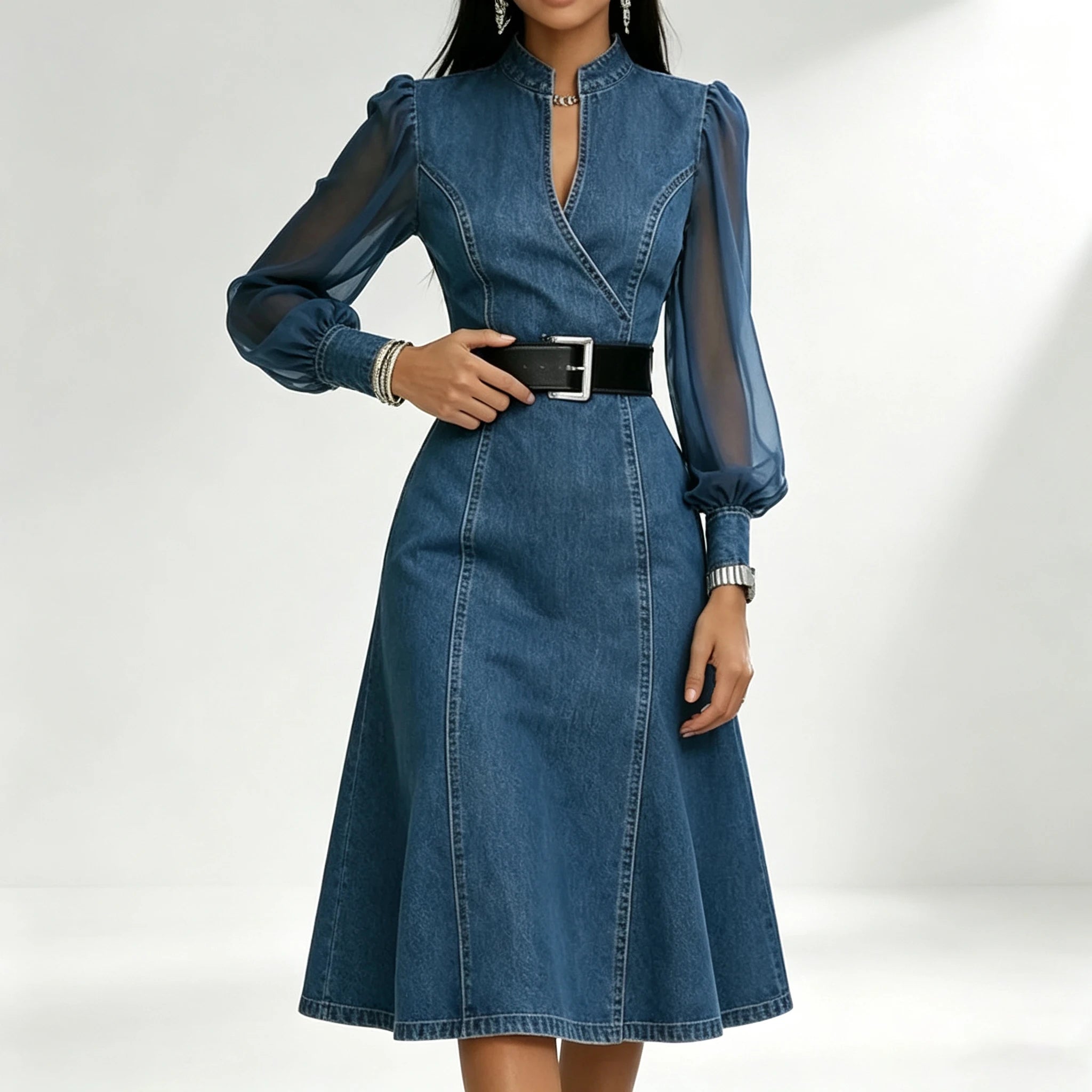 Streetwear Denim A-Line Dress Summer Women Tulle Puff Long Sleeve See Through V Neck Maxi Dresses Vintage Jean Dress With Belt