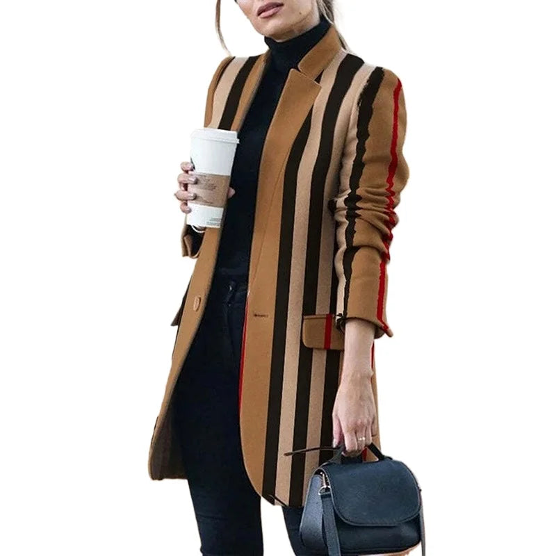 Modigirl Winter Women Coat and Jacket Long Sleeves Stand Collar Midi Striped Woolen Coats Winter Clothes Women 2024