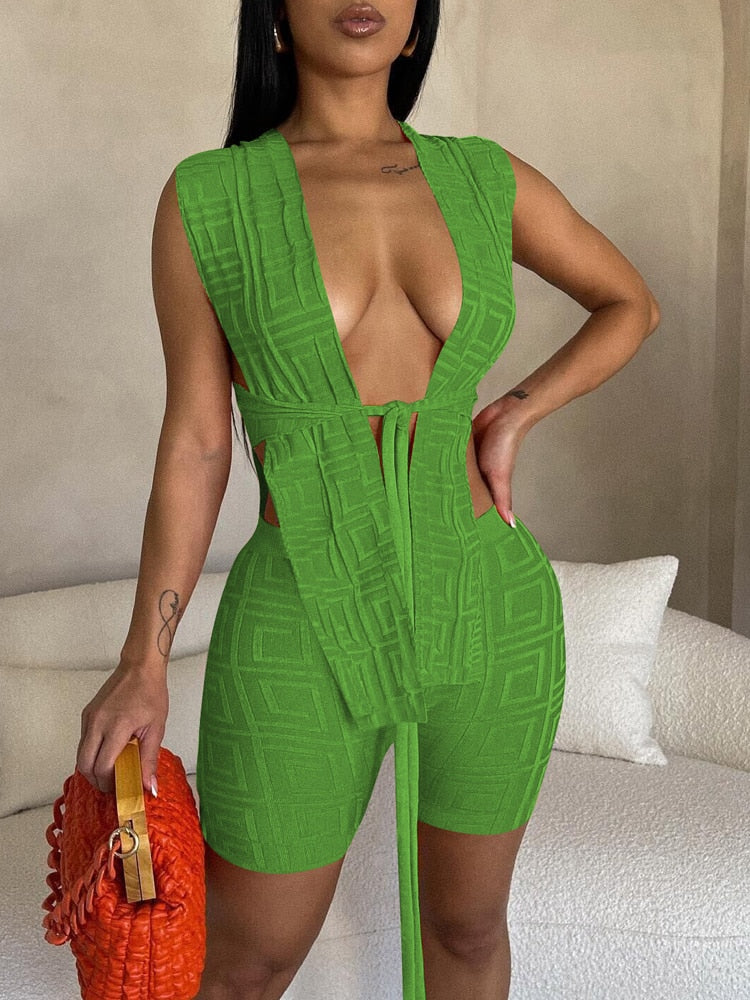 Beyprern Attention On Me Romper Fashion Tie Front Geometric Crop Top And Matching Shorts Two-Piece Set Rave Outfit Sexy Clubwear