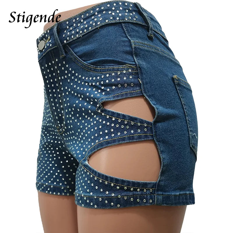 Stigende Rhinestone Cut Out Short Jeans Women Sexy Slim Fit Sequin Denim Shorts Y2K