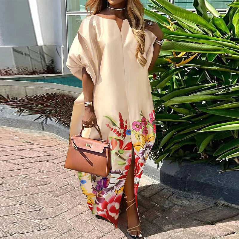 Übergröße 5XL Damen Böhmisches Satin Seide Maxi Langes Kleid 2025 Sommer Strandkleid Elegant V-Ausschnitt Vestidos Lässiges Weites Robe Femme