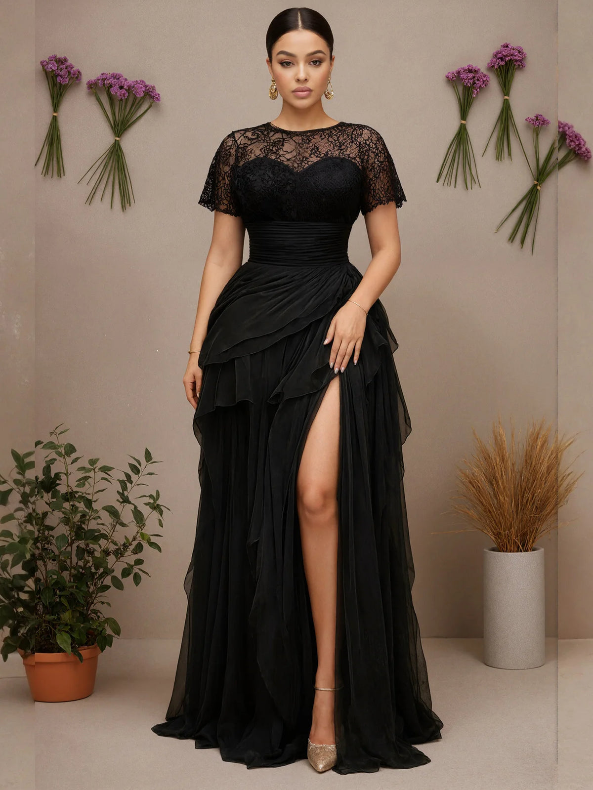Elegantes Abendkleid aus Spitze und Mesh für Damen in Übergröße, mit gespleißtem, ausgeschnittenem Saum, geschlitztem Saum, mehrlagig, hoher Taille, elegantem Cocktailkleid
