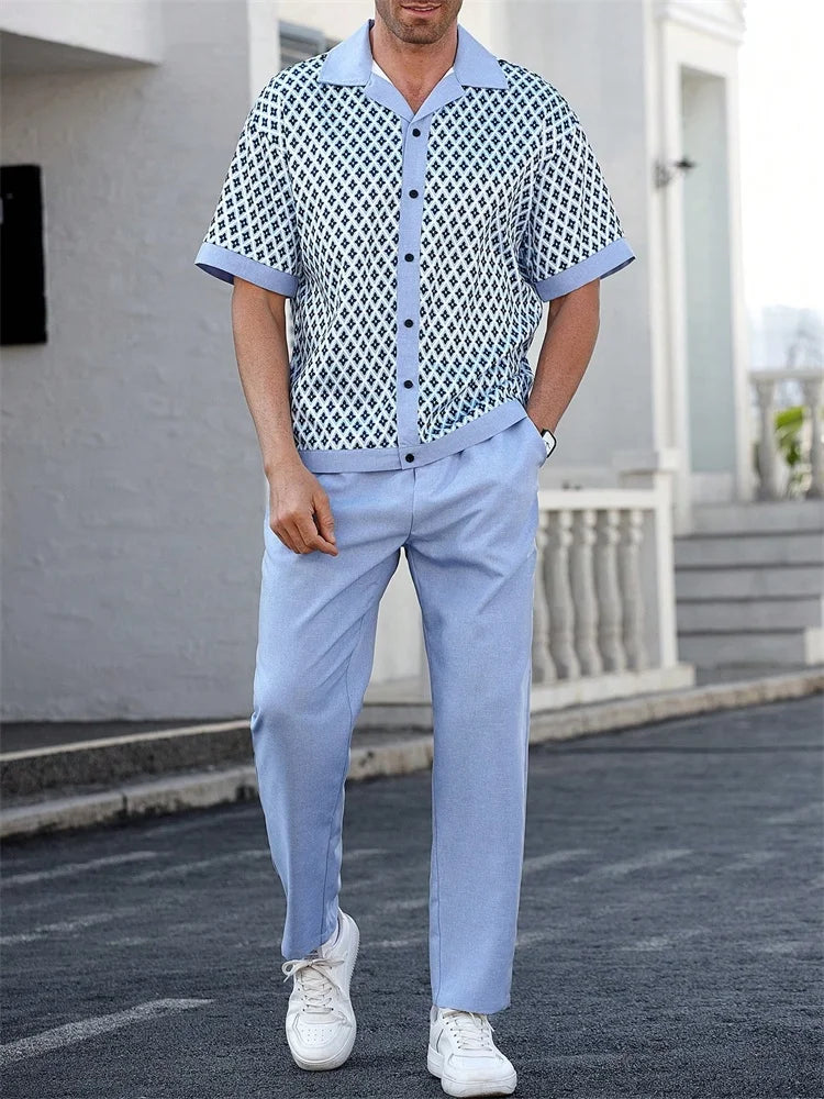 2025 Autumn Geometric Color Block Printed Short-sleeved Set, 2pcs Daily Casual And Loose Men's Shirt Set, Casual And Fashionable