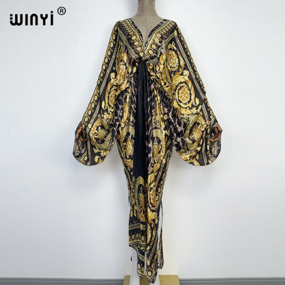 Sexy bech high-quality hand-rolled feel silk rayon fashion print  WINYI Maxi women's robes long beach V-neck Bohemian dress