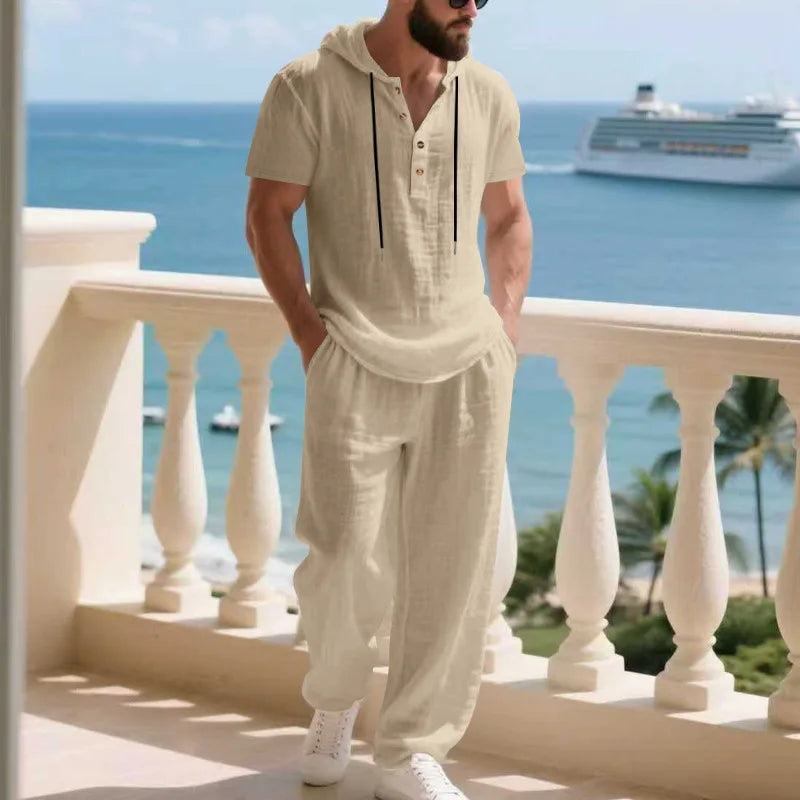 Men's Summer Casual Linen 2 Piece Outfit Short Sleeve Hoodie & Loose Pants Set Breathable Tracksuit for Beach Daliy Streetwesr