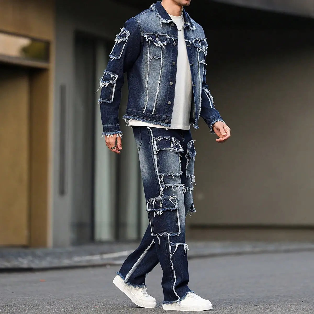 Herren-Frühlings- und Herbst-Denim-Anzug, Multi-Pocket-Design, weite, gerade Hosenform