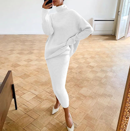 BKQU Knitted Dress Sets Women Loose Turtleneck Sweater Pullover And High Waist Long Skirt Two-Piece Set  Fall Winter Outfits