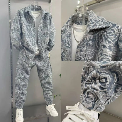 New Men's casual fashion two-piece pants set, sporty lapel jacquard shirt, long-sleeved spring and autumn set