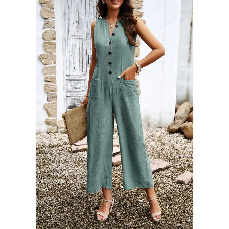 Spring & Summer Casual Women's Elegant Wide Leg Jumpsuit for Temperament Commuting Female Button Pocket Design Fashion Jumpsuits