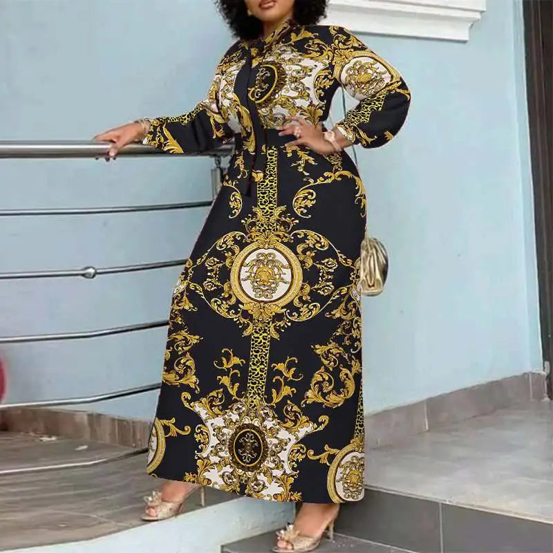 VONDA Maxi Dress 2024 Summer Women Bohemian Printed Party Sundress Long Sleeve Stand Collar Casual Robe Holiday Vestidos Belted