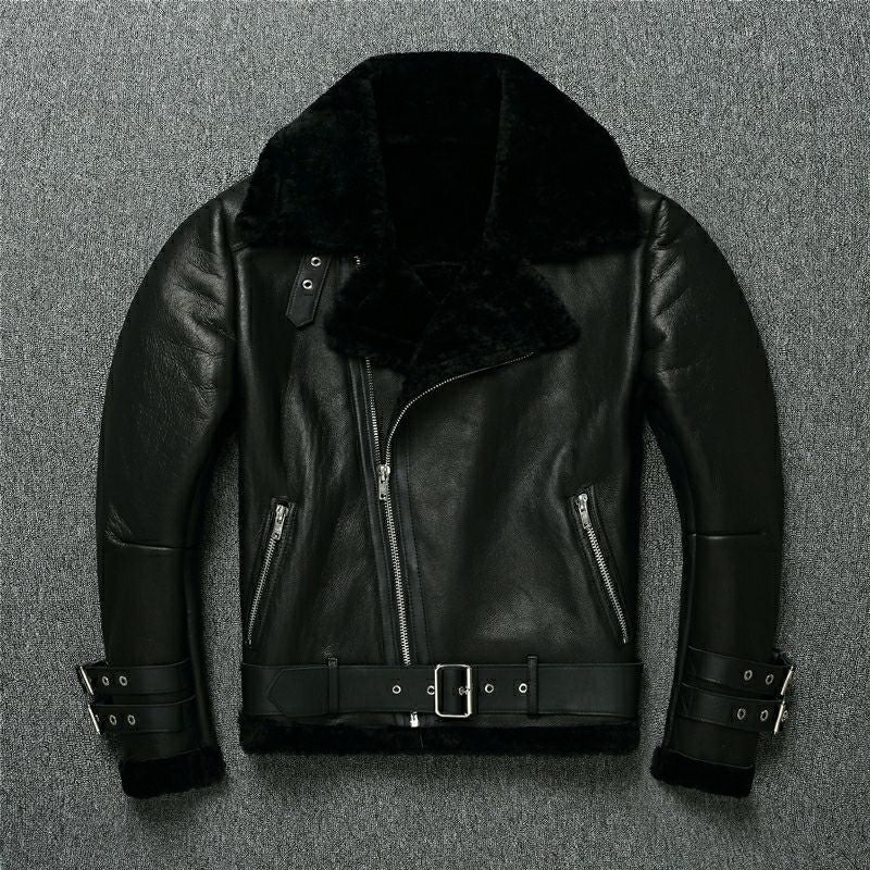 Men Shearling Real Leather Jacket Natural Sheep Fur Jackets Lapel Oblique Zipper Belt Biker Jackets Winter Coat Warm