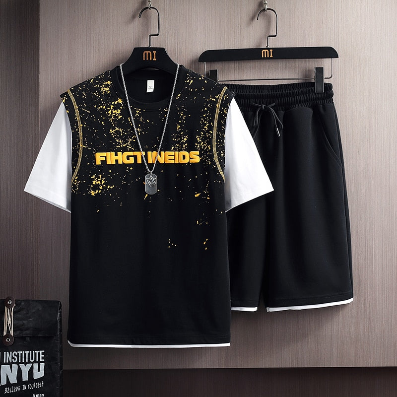 Summer Men&#39;s Sets Fashion Korean Tracksuit Men Short Sleeve T Shirts+Sport Shorts Suit Men Casual Fake Two Piece Joggers Sets