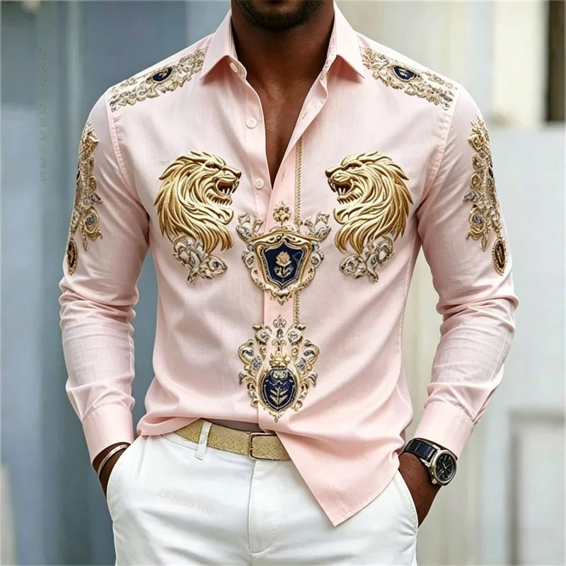 Men's shirt Baroque style shirt Lion head slim fit design long sleeved shirt Business casual street style men's clothing XS-6XL
