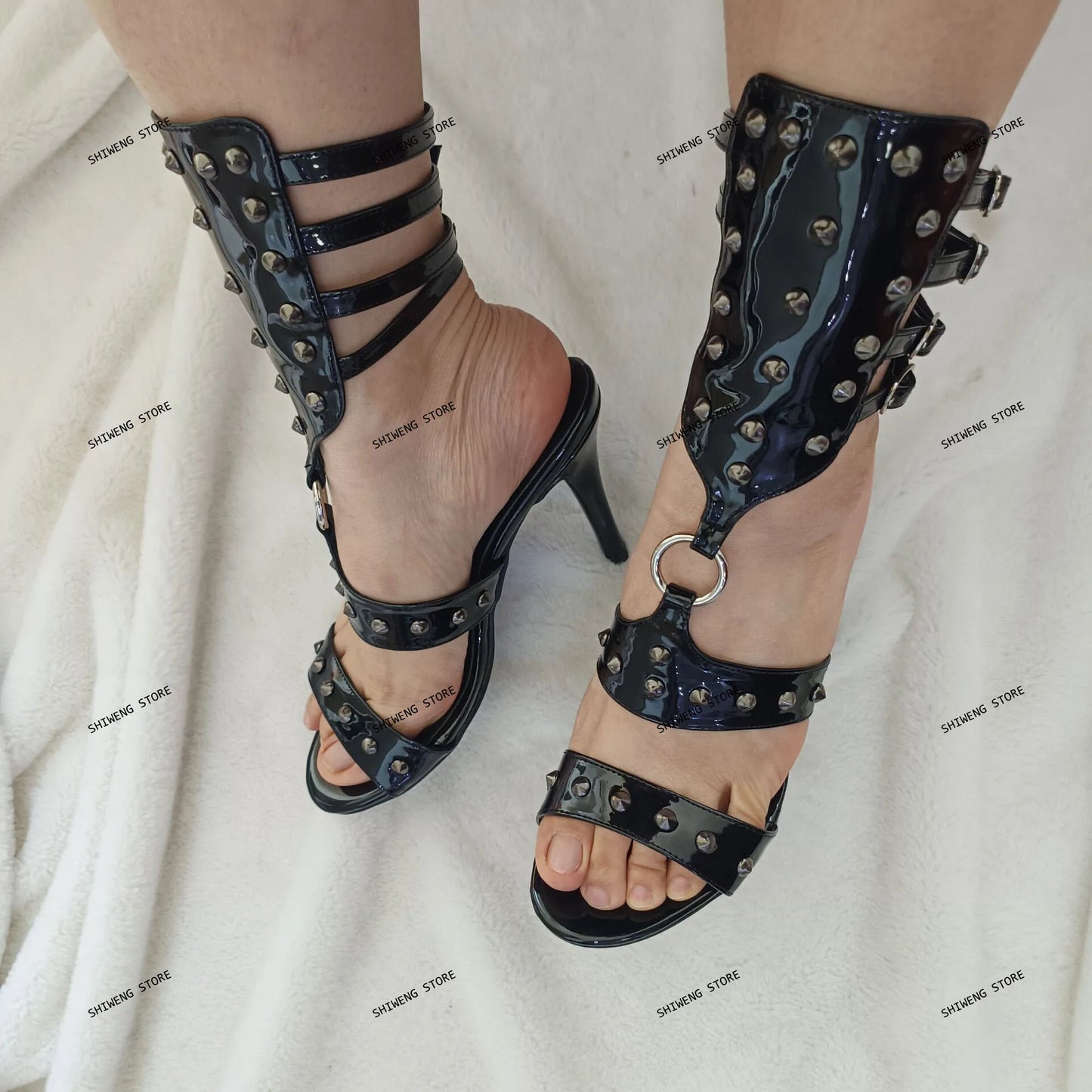2026 Women Riveted High Heels for Women Summer New Pointy Toe Sexy Lady Party Pump Black Patent Leather Shoes High Heel Shoes 44