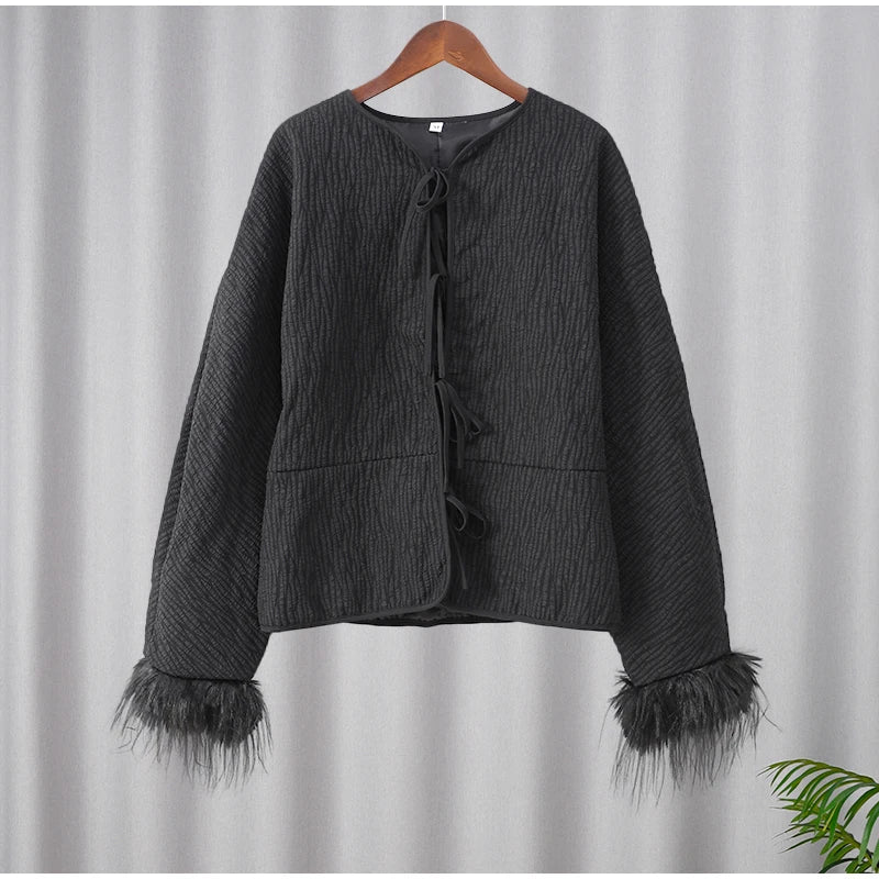 Elegant Feather Patchwork Lace-up Solid Coat Women Chic Round Neck Loose Jacket 2024 Female Autumn Winter High Street Outerwear