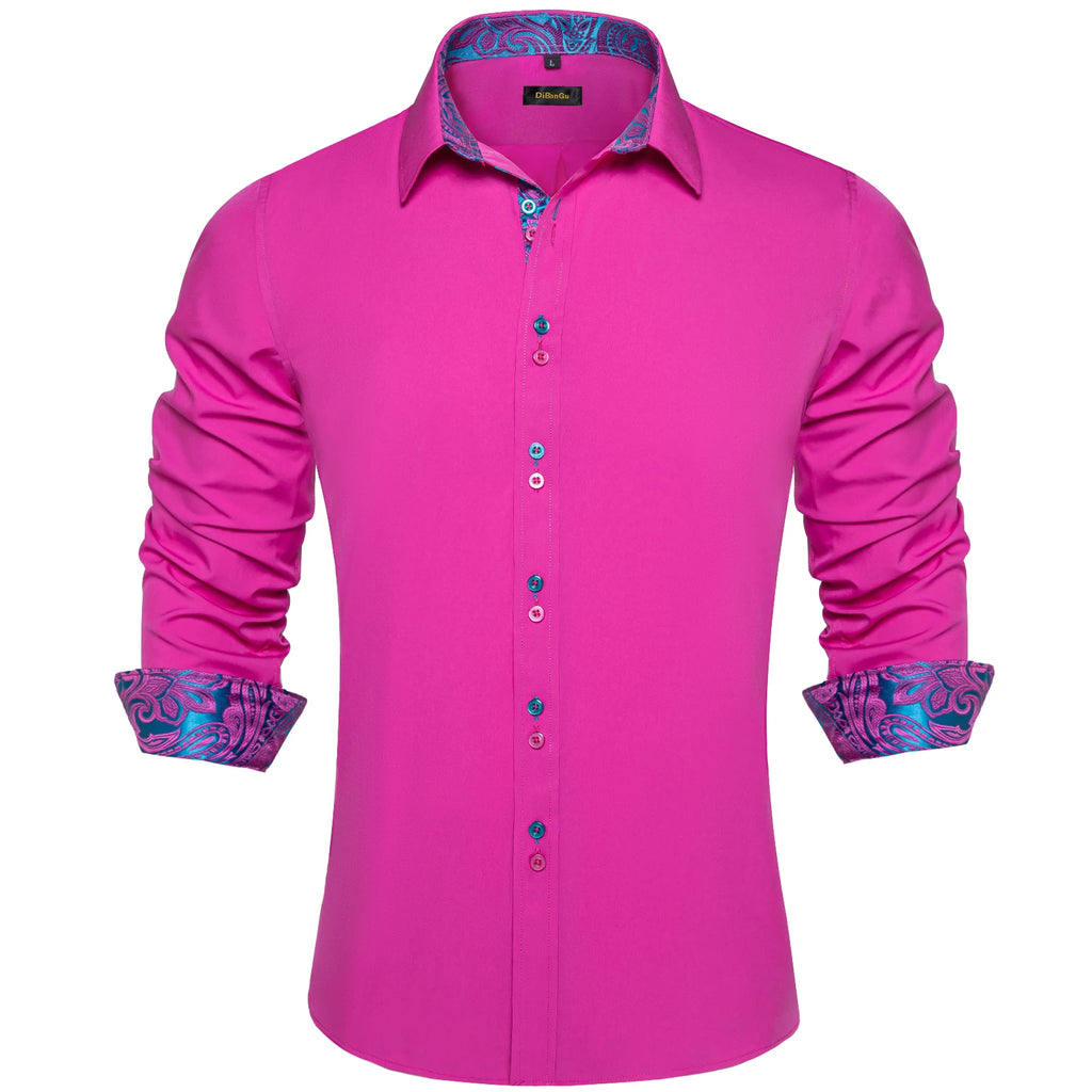Men's Casual Long Sleeve Shirt with Inner Paisley Contrast Pattern Elegant Turn Down Collar Dress Shirt for Business Date Tops