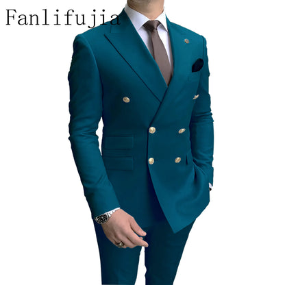 Fanlifujia Store  Casual Sky Blue Men Suits Double Brested Peak Lapel  Gold Button Groom Wedding Tuxedos Best Costume Homme