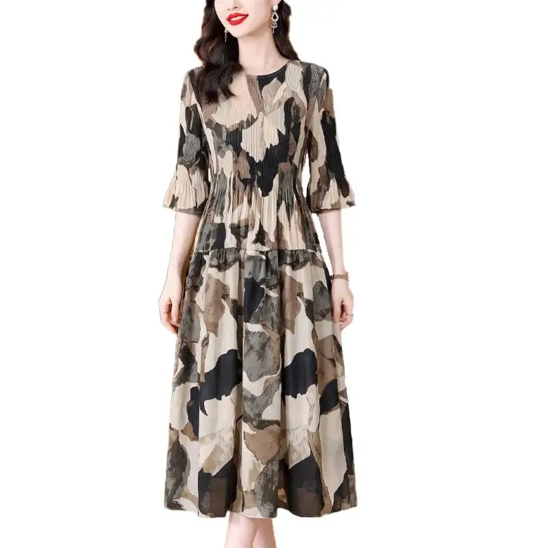 Elegante Damenkleider 2026 mit O-Ausschnitt und Print, schmal geschnitten, Falten, A-Linie, Damen-Vestidos De Verano Mujer Q6292