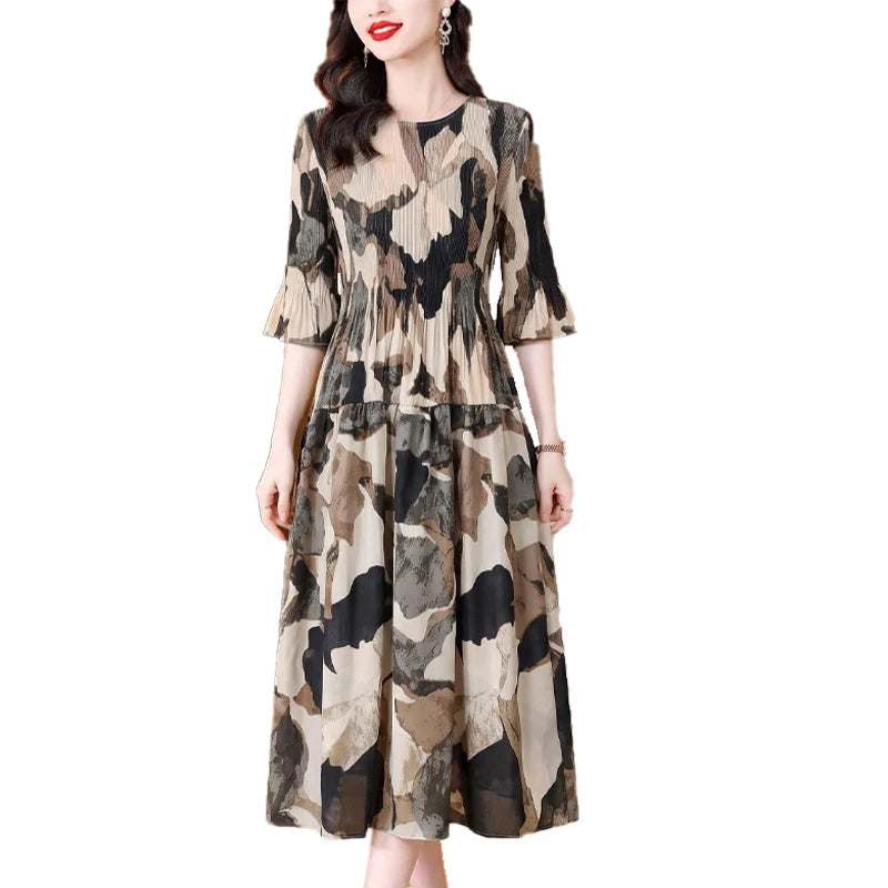 2026 Fashion Dresses for Women Elegant O-Neck Print Women Dress Slim Folds A-LINE Dress Women Vestidos De Verano Mujer Q6292