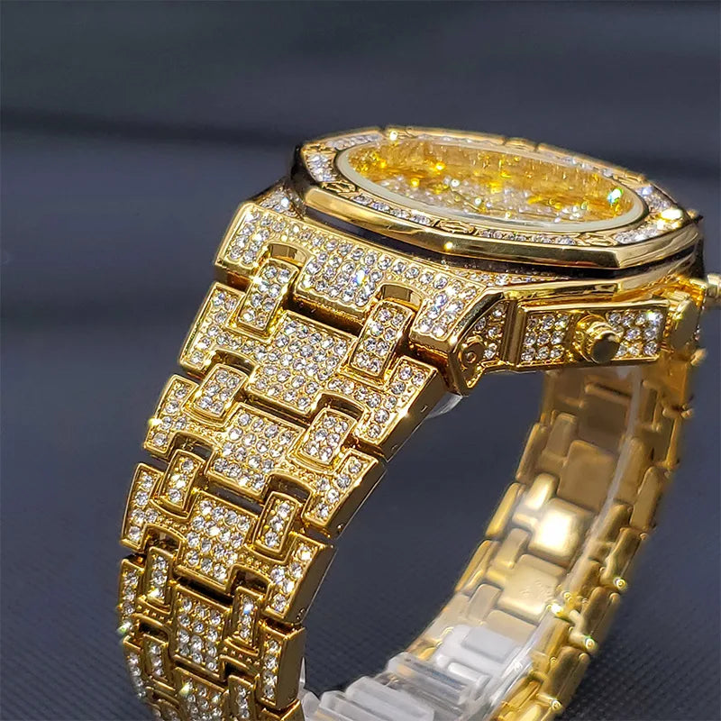 Men Watch Luxury Diamond WristWatch Waterproof Japanese Movement Big Dial Steel Band Hip Hop Rhinestone Gold Gift for Men Clock