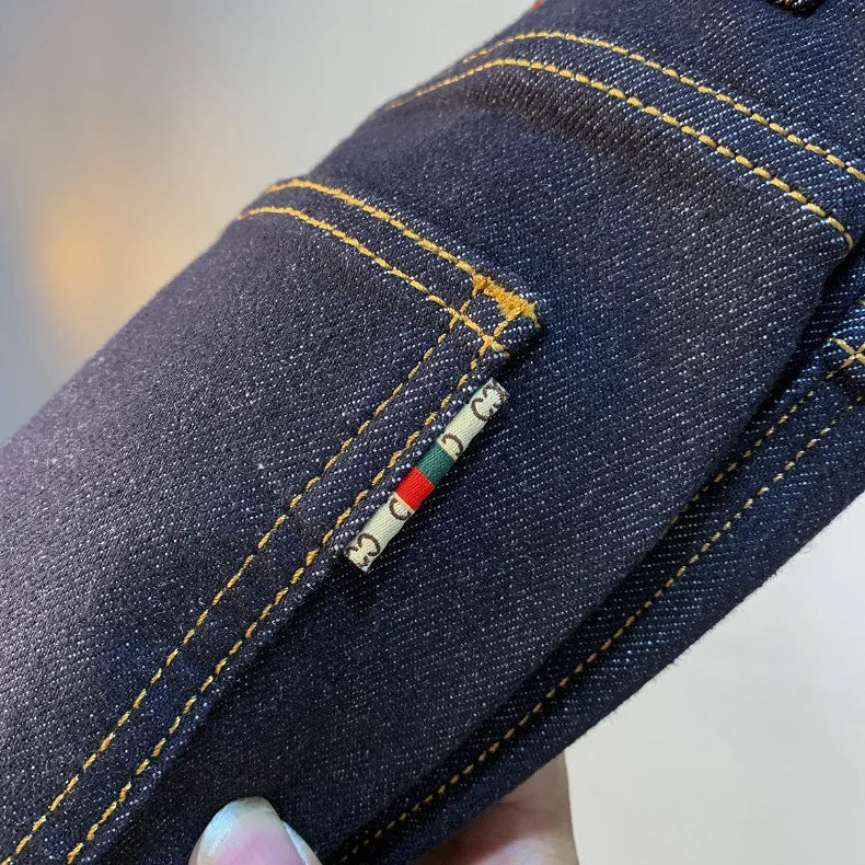 High end light luxury men jeans autumn new item dark blue fashion printed casual straight slim fit cotton washed denim pants