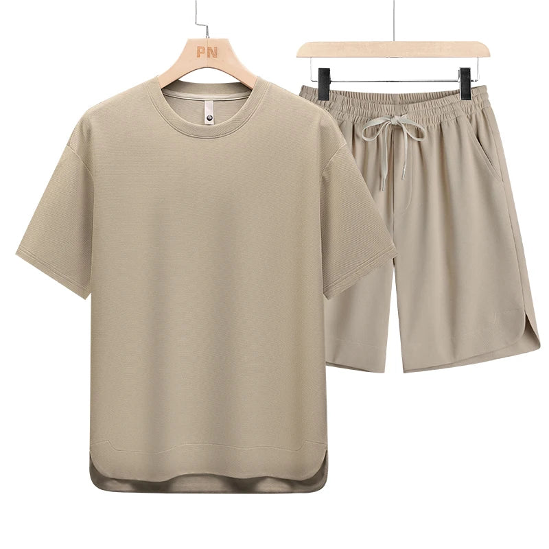 T Shirt Men Set Shorts Suit Oversize 6XL 7XL 8XL Plus Size Quick Dry Silk Short Sleeve Summer T-shirts Fashion Sportswear Loose