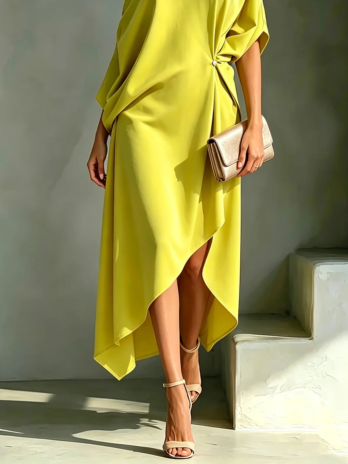 One Shoulder Midi Dress Asymmetrical Hem Waist Knot 3/4 Sleeve Draped Formal Evening Elegant Color Cocktail Dress for Women