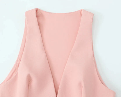 TRAFZA Vintage Chic Solid Women Suit V Neck Sleeveless Sashes Vest Blazer Straight Shorts New Fashion  Summer Office Sets