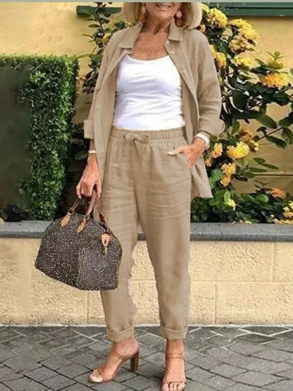 Cotton Linen Set Women Spring Summer Loose Oversize Long Sleeve Shirt Long Pants 2 Piece Sets Casual Office Ladies Trousers Suit