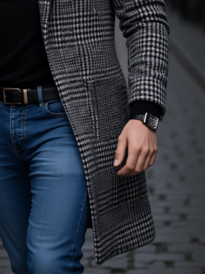 New Arrival Men's Outdoor Thickened Warm Trench Coat Houndstooth Autumn Winter Windproof with Inner Lining Overcoat Trench Coat