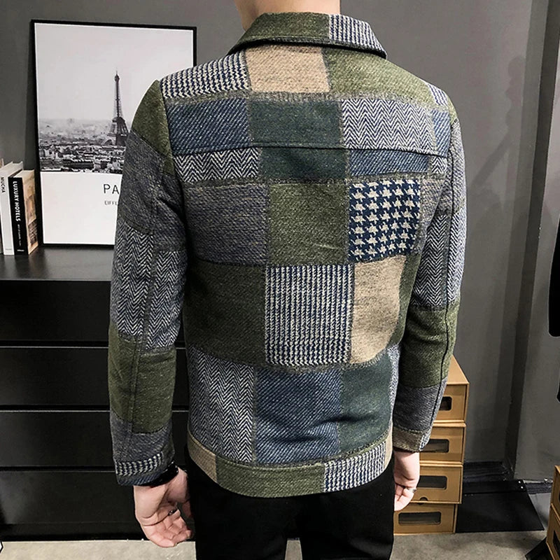 2023 New Men's Fashion Slim Fit Casual Jacket with Geometric Color Block Patchwork, Suitable for All Seasons