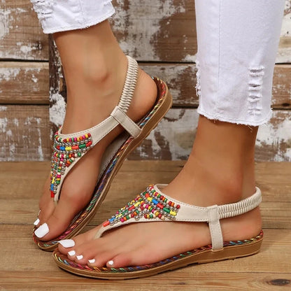 Clip Toe Bohemian Style Sandals for Women Fashion Mix Color Pearl Rome Sandals Woman  New Flat with Non-Slip Beach Shoes