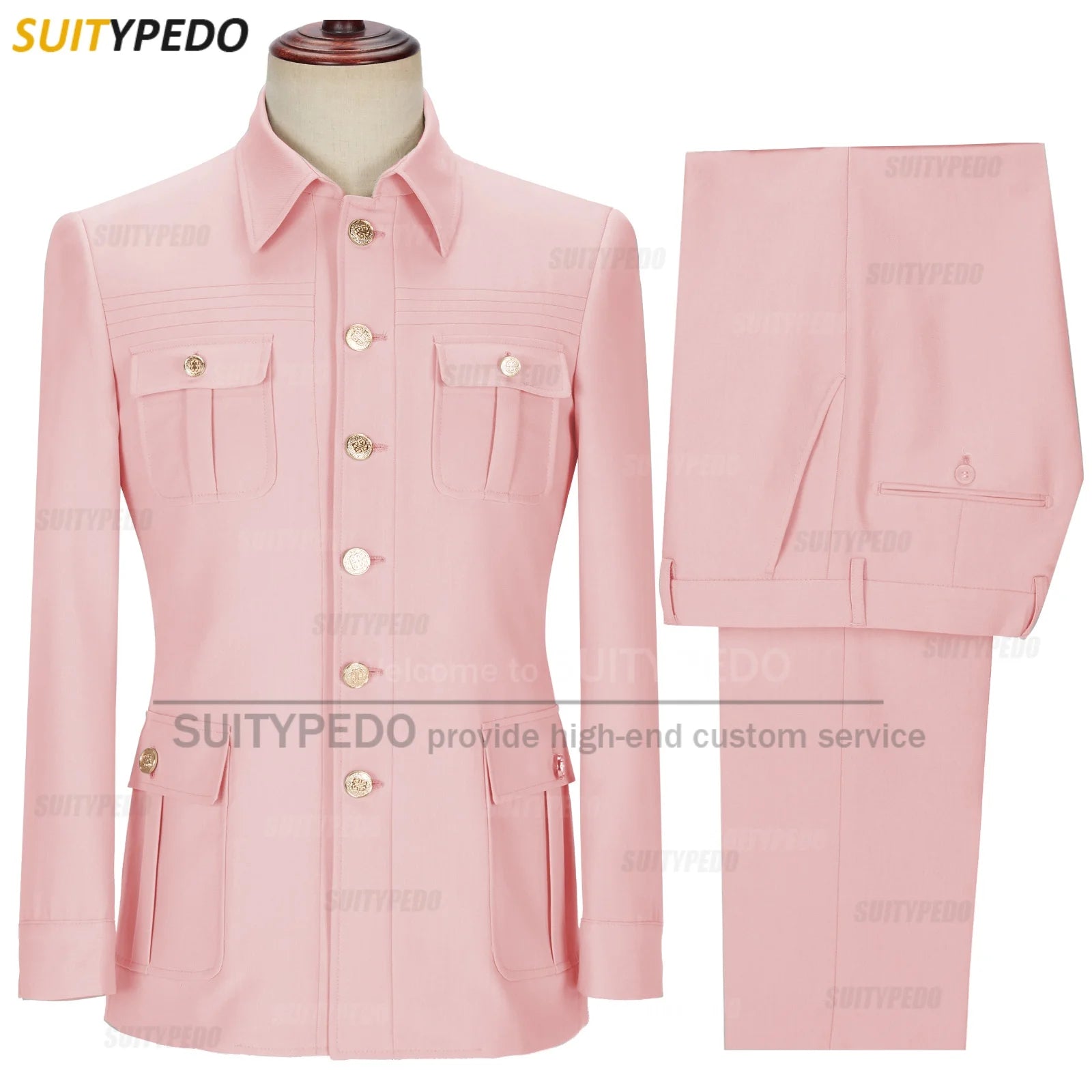 New Arrival  Elegant 2 Piece Slim Fit Men's Suits Fashion Four Pocket Wedding Party Suits（Blazer+Pants) Gold Button Texudos