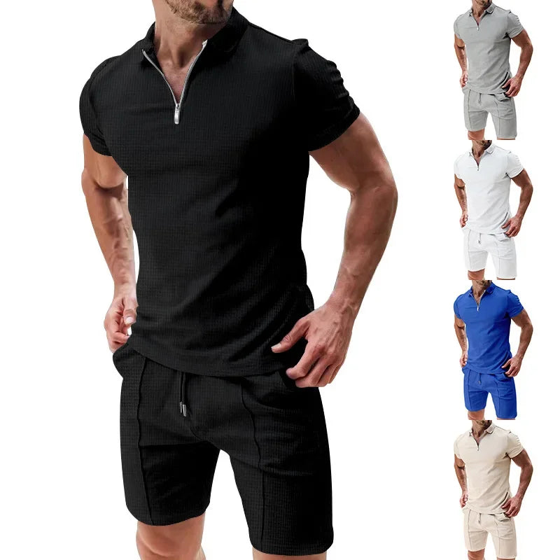 2025 Summer Men's Polo Shirt Set Solid Color Waffle Short Sleeve Slim Fit Collar T-shirt Casual Men's Set