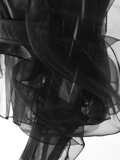[EAM] Loose Fit Black Pu Leather Mesh Elegant Jacket New Lapel Long Sleeve Women Coat Fashion Tide Spring Autumn  17A8517