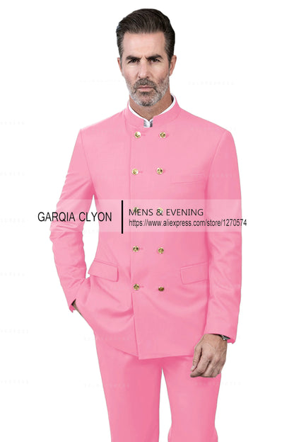 2 Piece Stand Collar Double-Breasted Chinese Style  Men's Suits With 3 Real Pocket Wedding SuitsTailored Fit (Blazer+Pants)