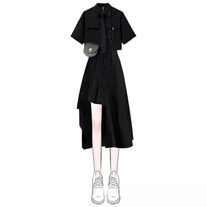 Women's Summer New In Fashion Irregular Dress Matching Set Korean Elegant Short Sleeve Shirt+Strap Skirt Two Piece Suit