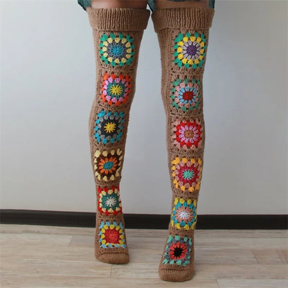 New Womens Autumn Winter Thigh Socks Extra Long Ethnic Crochet Knit Stockings Over Knee Socks Hot Sale