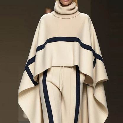 Casual Color Blocked Loose 2 Piece Set Fashion High Street Irregular Outfits  Winter Lady Turtleneck Cloak Top + Pants Suit